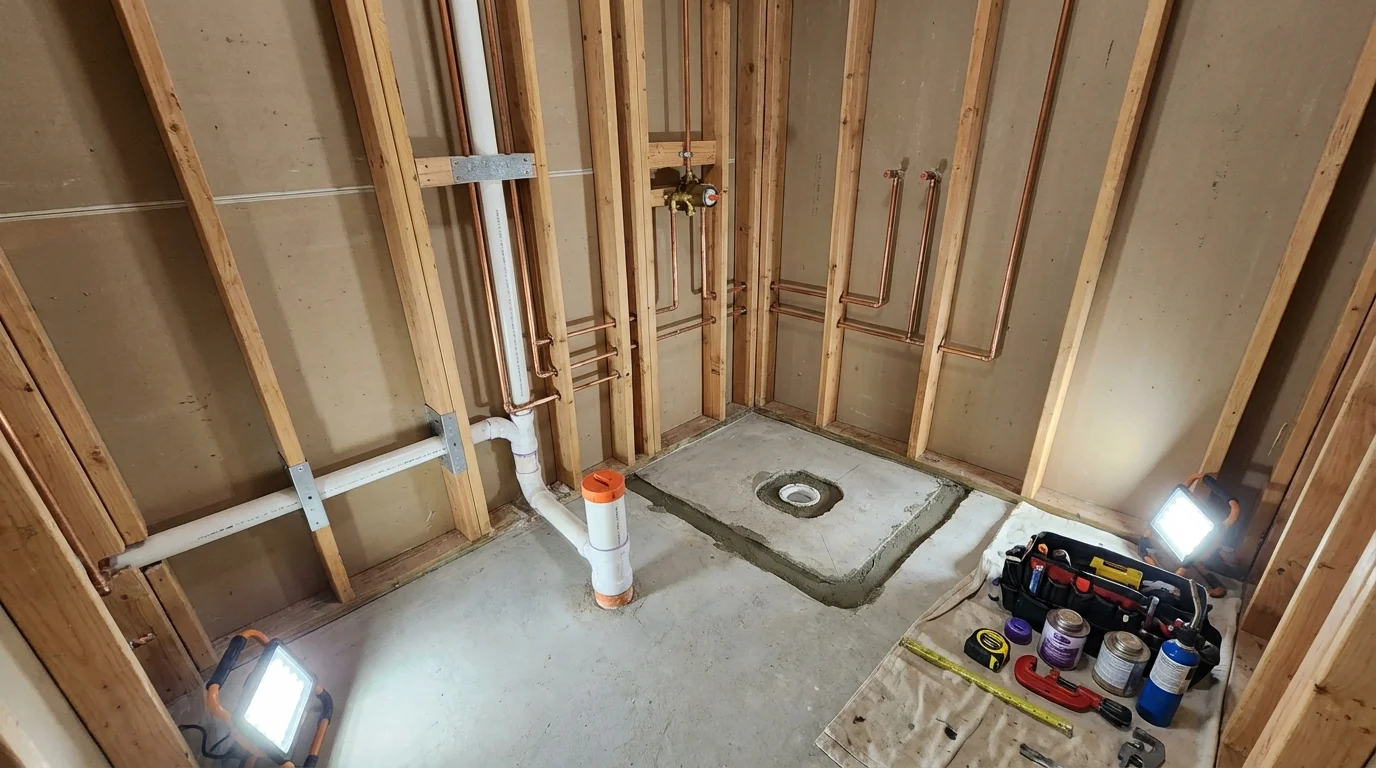 Bathroom rough-in plumbing during remodel by Johns Plumbing LLC in Monument Beach