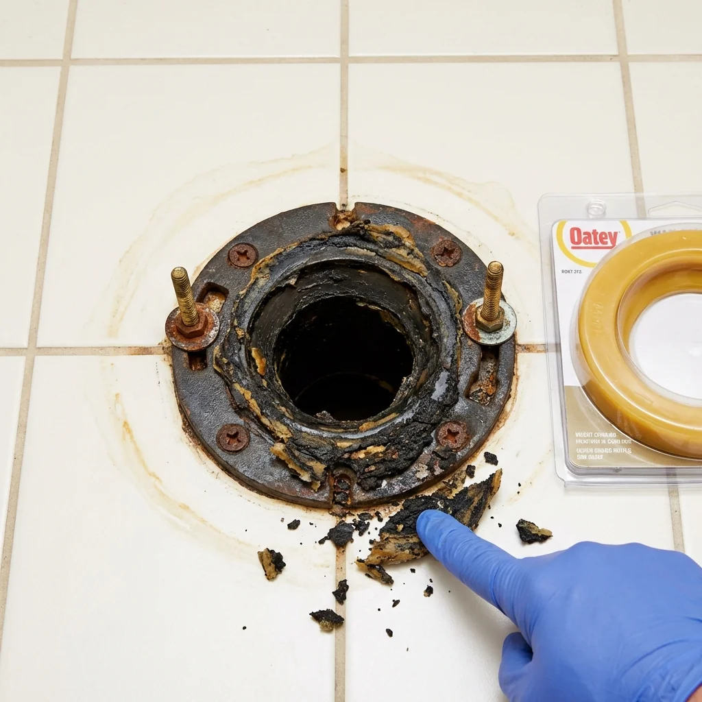 Failed wax ring showing water seepage at the base of a toilet in a Monument Beach, MA home