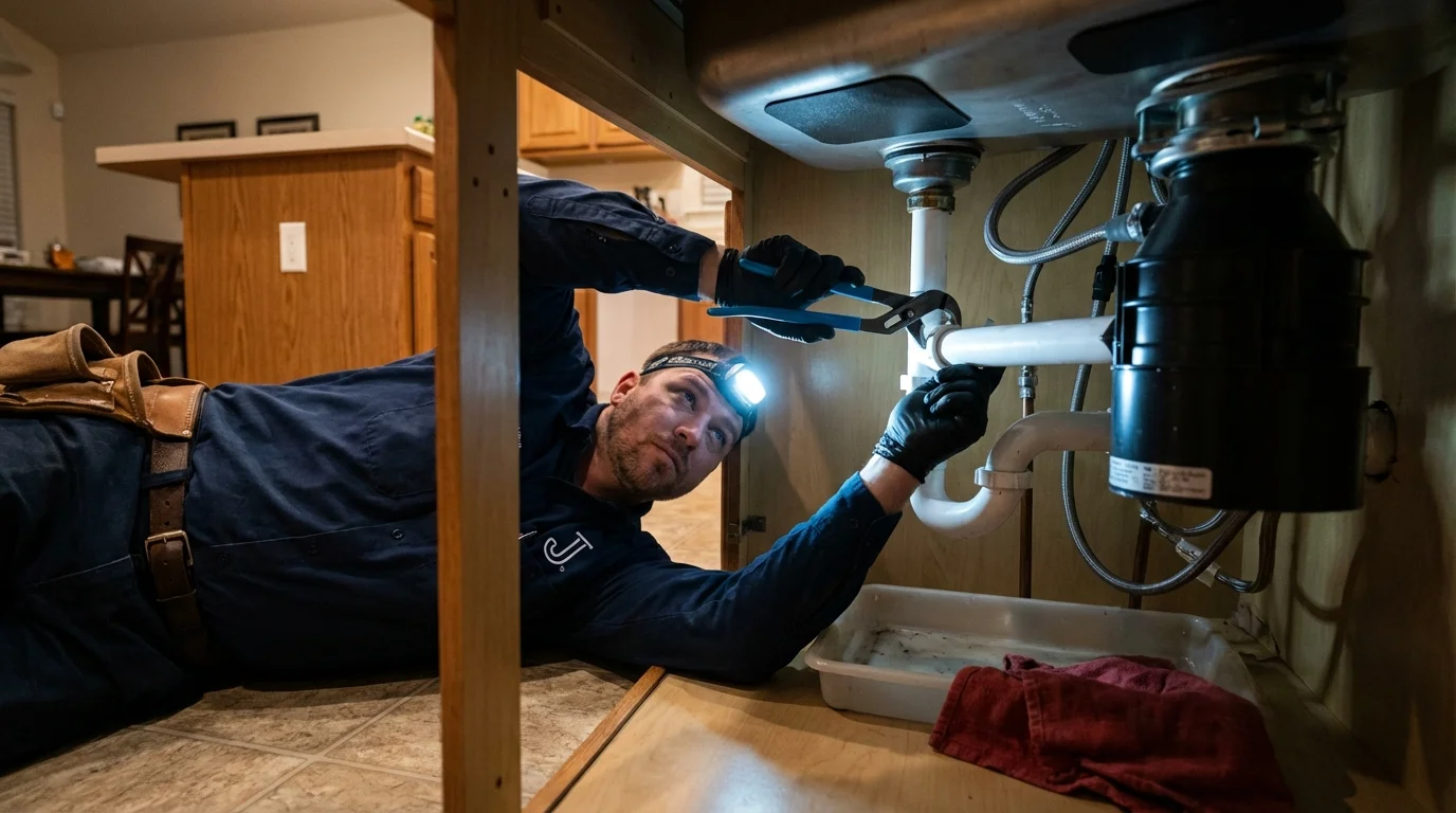 P-trap and supply line connections under a kitchen sink showing a common leak point in Monument Beach, MA